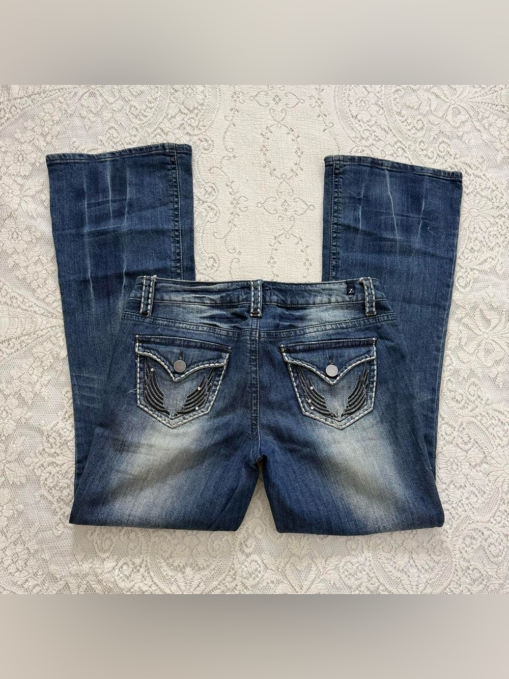 cyber y2k rockstar gf angel wing low rise flare jeans | size 11